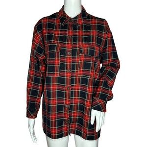 Bershka Plaid Button Up Shirt Red Black Long‎ Sleeve Flap Chest Pockets